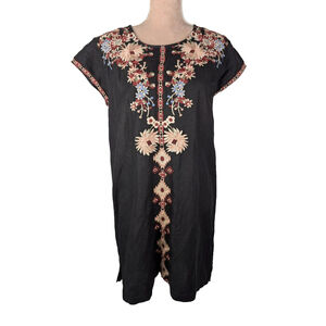 Driftwood Embroidered Carmin Tunic Shift Dress Black XL Floral Boho Peasant